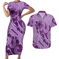Hawaii Violet Hibiscus Pikake Lei Couples Matching Short Sleeve Bodycon Dress and Hawaiian Shirt - Polynesian Pride