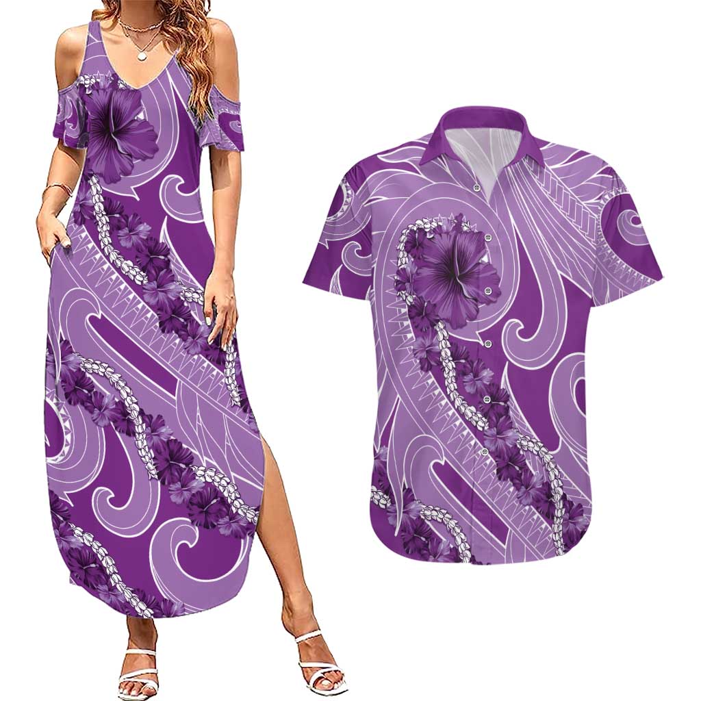 Hawaii Violet Hibiscus Pikake Lei Couples Matching Summer Maxi Dress and Hawaiian Shirt - Polynesian Pride