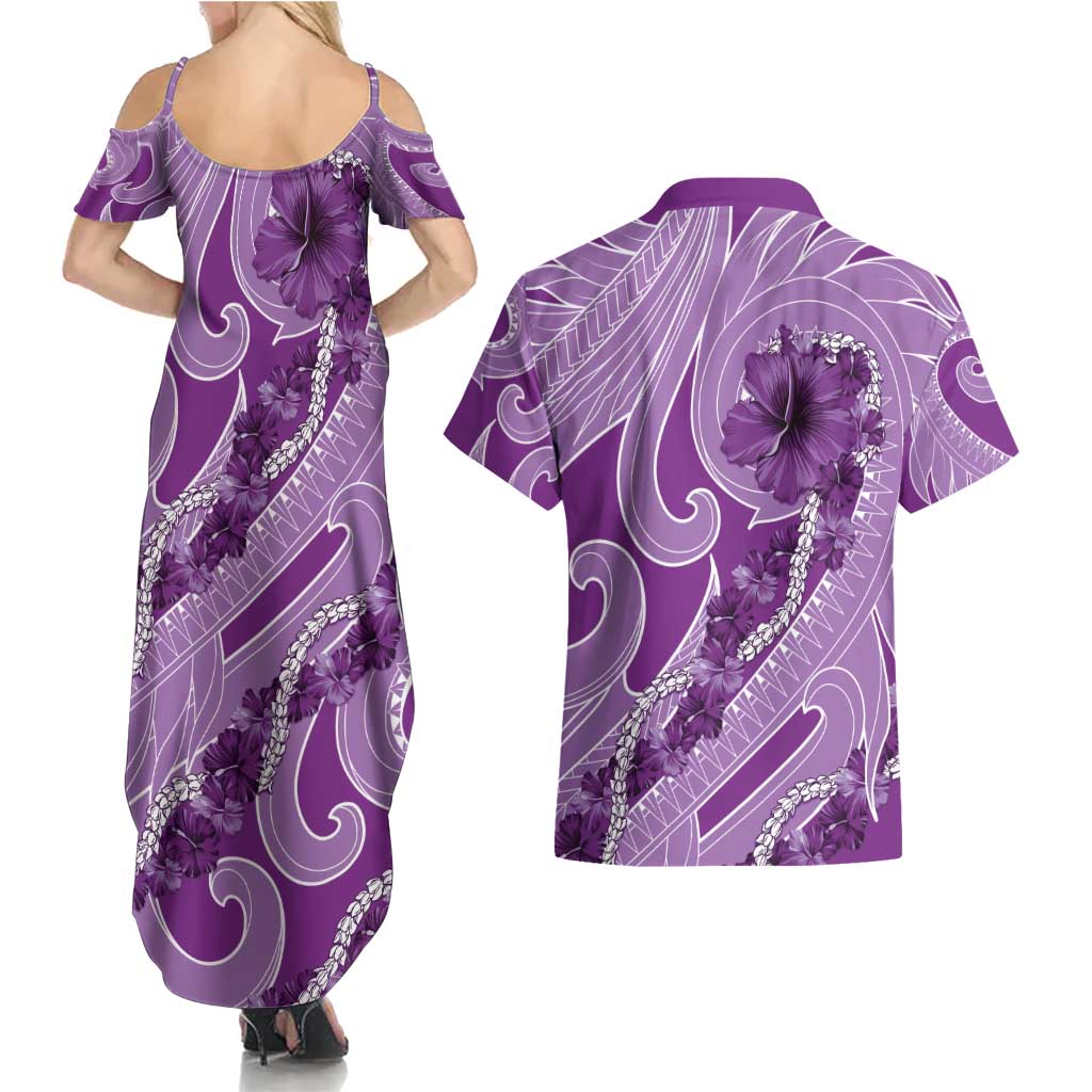 Hawaii Violet Hibiscus Pikake Lei Couples Matching Summer Maxi Dress and Hawaiian Shirt - Polynesian Pride