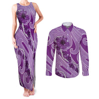 Hawaii Violet Hibiscus Pikake Lei Couples Matching Tank Maxi Dress and Long Sleeve Button Shirt - Polynesian Pride