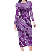 Hawaii Violet Hibiscus Pikake Lei Family Matching Long Sleeve Bodycon Dress and Hawaiian Shirt LT05 Mom's Dress Violet - Polynesian Pride