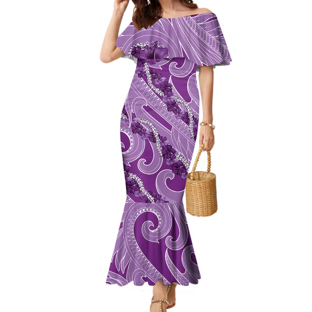 Hawaii Violet Hibiscus Pikake Lei Family Matching Mermaid Dress and Hawaiian Shirt LT05 Mom's Dress Violet - Polynesian Pride