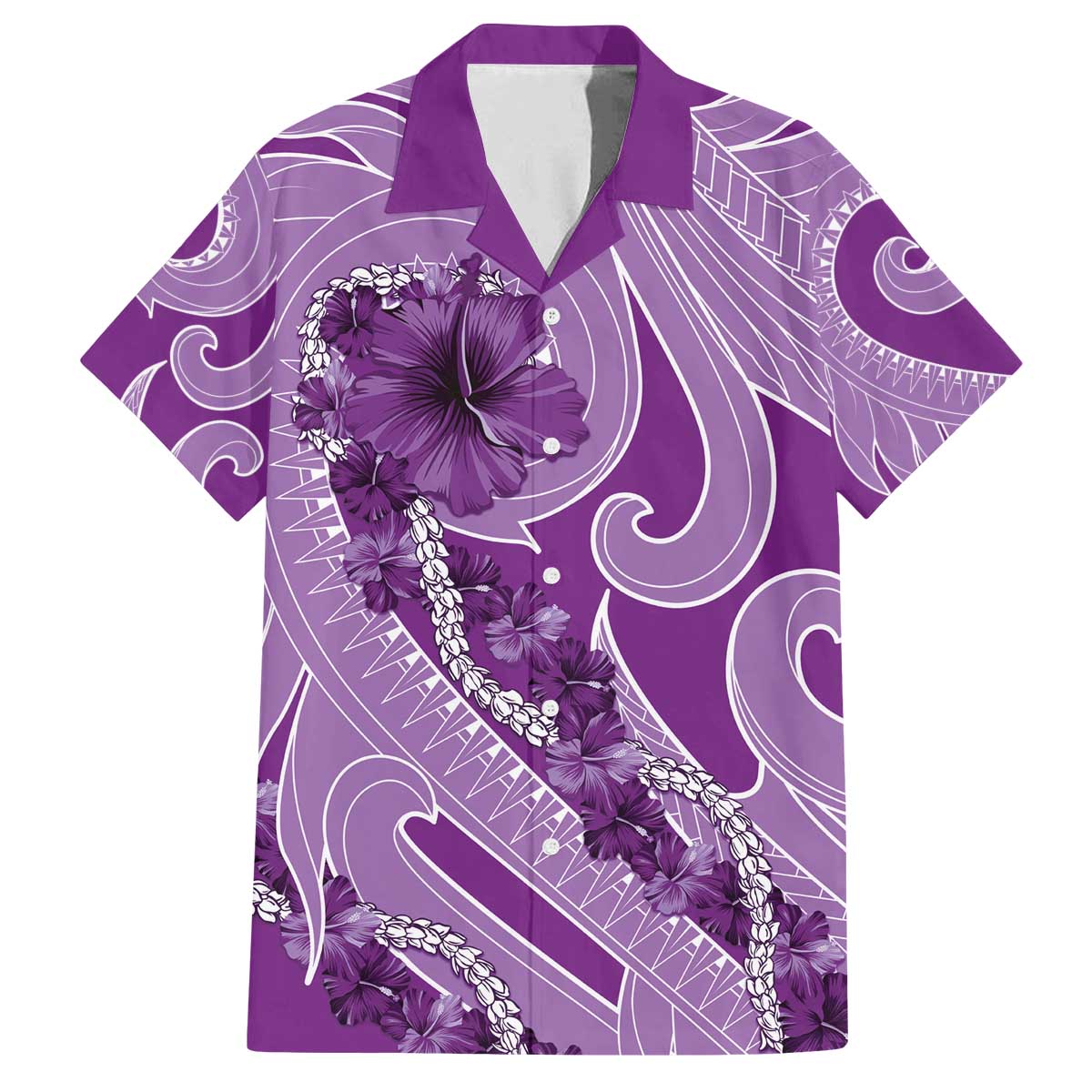 Hawaii Violet Hibiscus Pikake Lei Family Matching Off The Shoulder Long Sleeve Dress and Hawaiian Shirt - Polynesian Pride