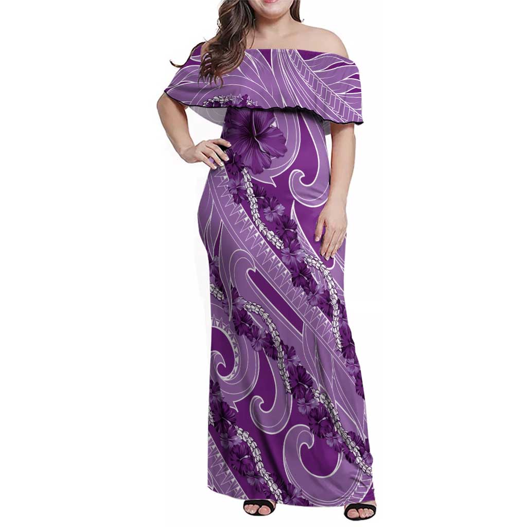 Hawaii Violet Hibiscus Pikake Lei Family Matching Off Shoulder Maxi Dress and Hawaiian Shirt - Polynesian Pride