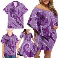 Hawaii Violet Hibiscus Pikake Lei Family Matching Off Shoulder Short Dress and Hawaiian Shirt - Polynesian Pride