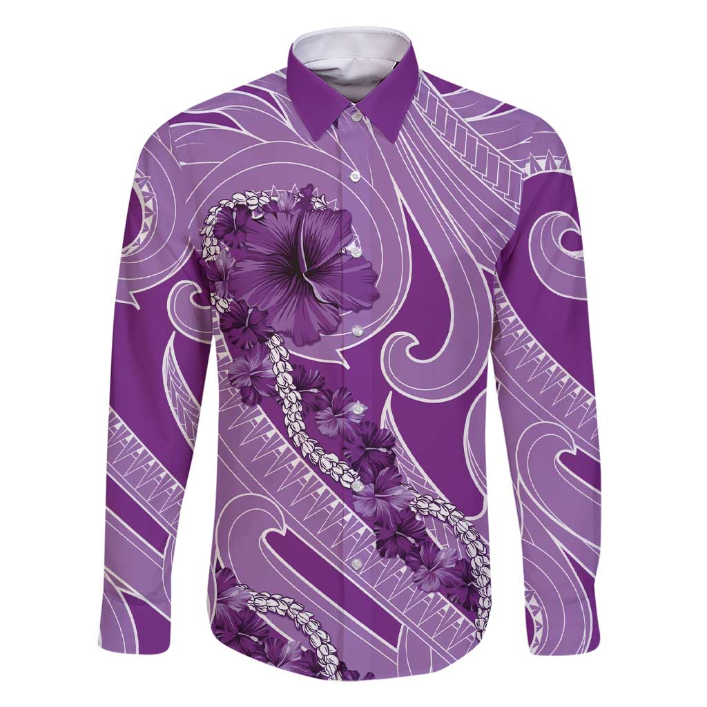 Hawaii Violet Hibiscus Pikake Lei Family Matching Short Sleeve Bodycon Dress and Hawaiian Shirt LT05 Dad's Shirt - Long Sleeve Violet - Polynesian Pride