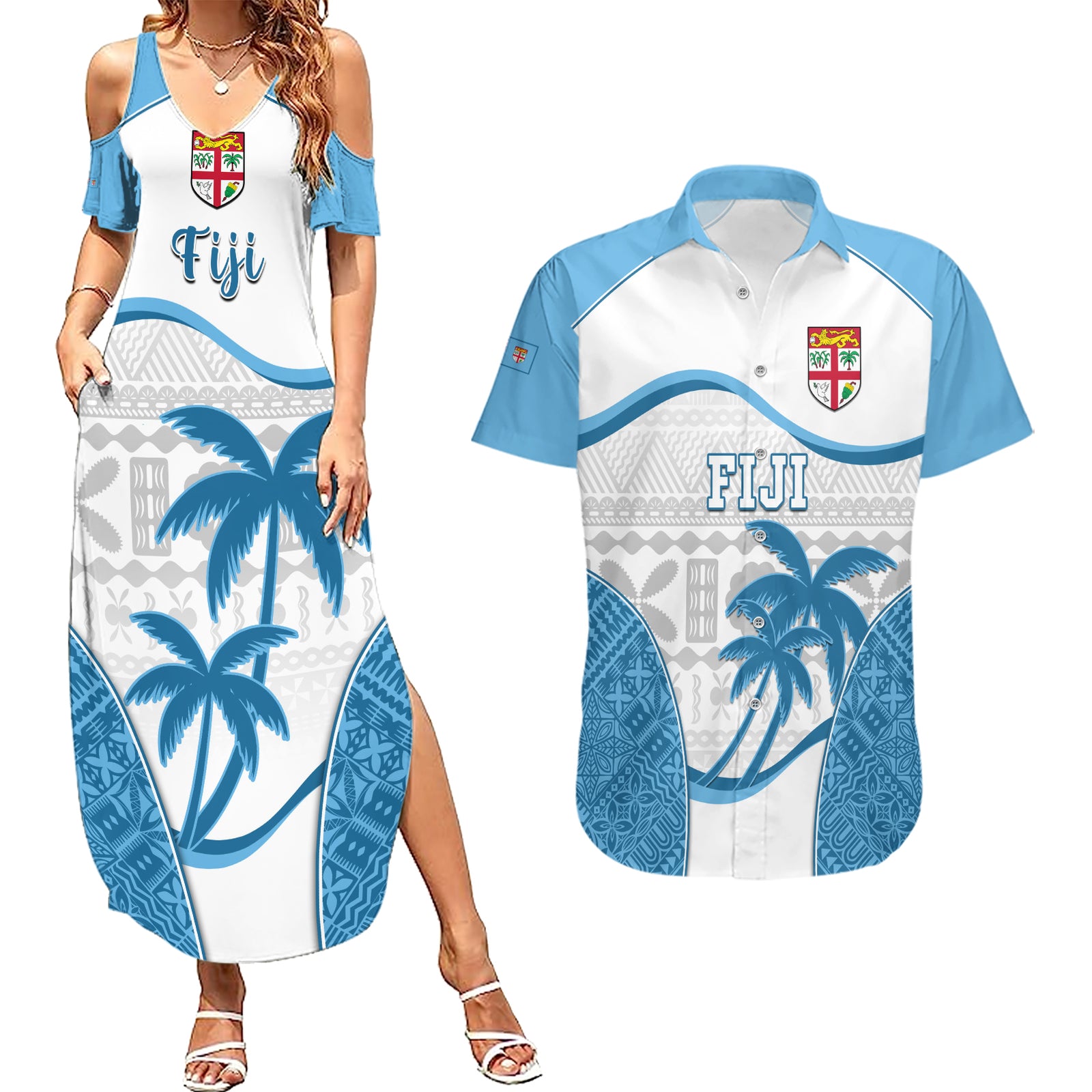Fiji Rugby Couples Matching Summer Maxi Dress and Hawaiian Shirt World Cup 2023 Fijian Tapa Pattern Blue Version LT05 Blue - Polynesian Pride