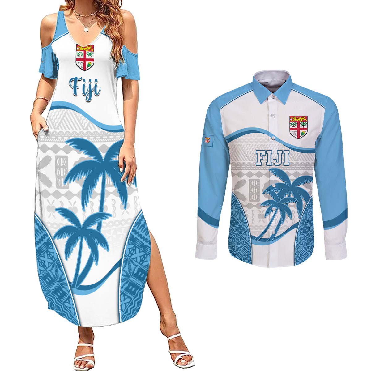 Fiji Rugby Couples Matching Summer Maxi Dress and Long Sleeve Button Shirts World Cup 2023 Fijian Tapa Pattern Blue Version LT05 Blue - Polynesian Pride