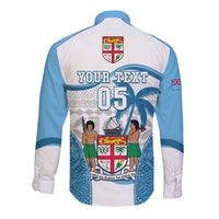 Custom Fiji Rugby Long Sleeve Button Shirt World Cup 2023 Fijian Tapa Pattern Blue Version LT05 - Polynesian Pride