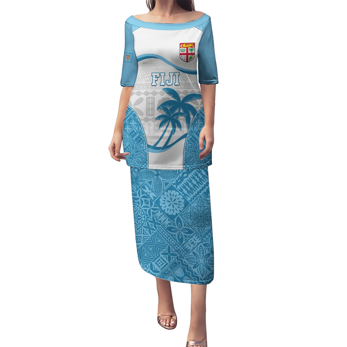 Custom Fiji Rugby Puletasi World Cup 2023 Fijian Tapa Pattern Blue Version LT05 Long Dress Blue - Polynesian Pride