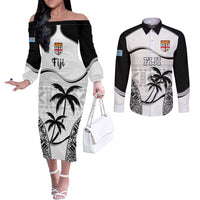 Fiji Rugby Couples Matching Off The Shoulder Long Sleeve Dress and Long Sleeve Button Shirts World Cup 2023 Fijian Tapa Pattern Black Version LT05 Black - Polynesian Pride