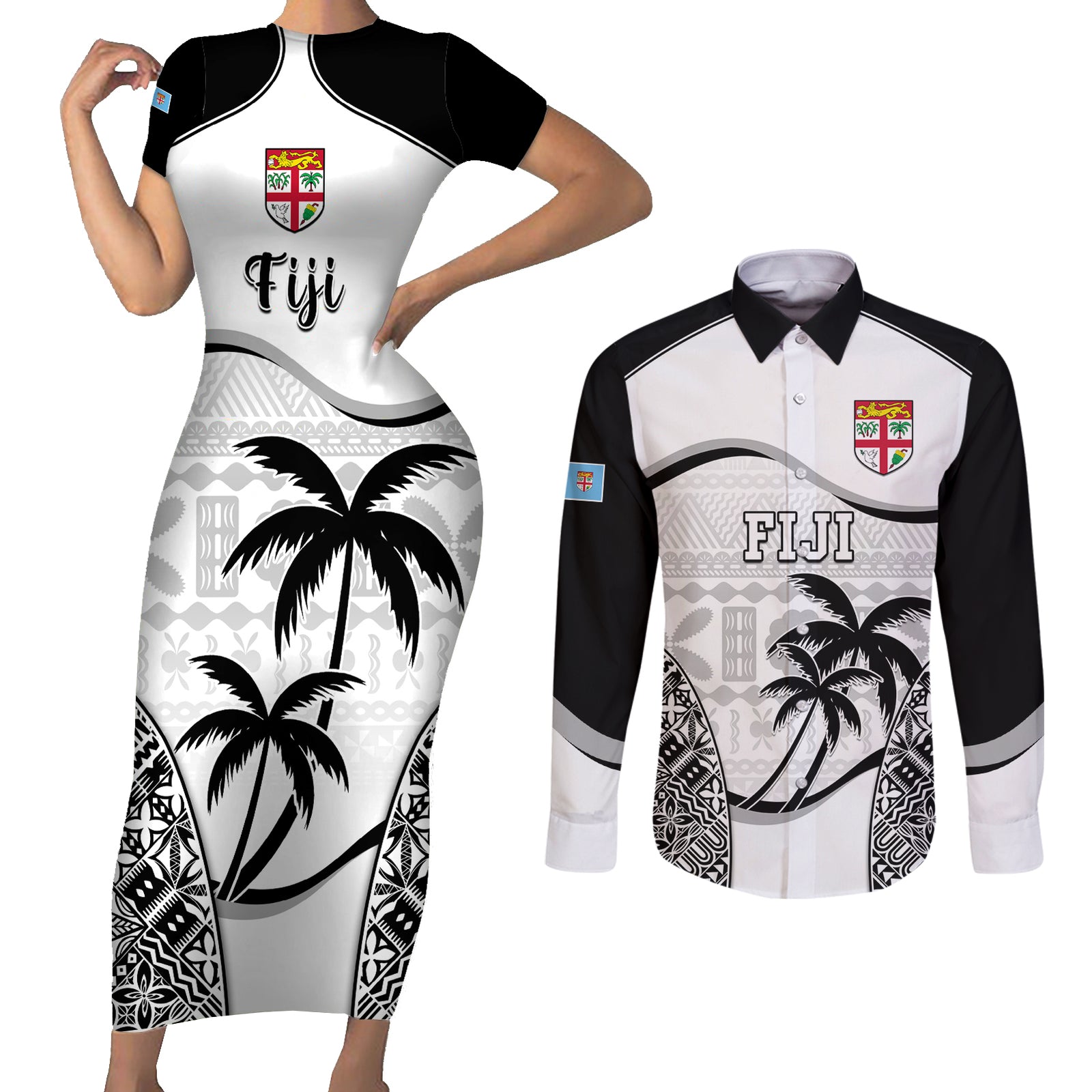 Fiji Rugby Couples Matching Short Sleeve Bodycon Dress and Long Sleeve Button Shirts World Cup 2023 Fijian Tapa Pattern Black Version LT05 Black - Polynesian Pride