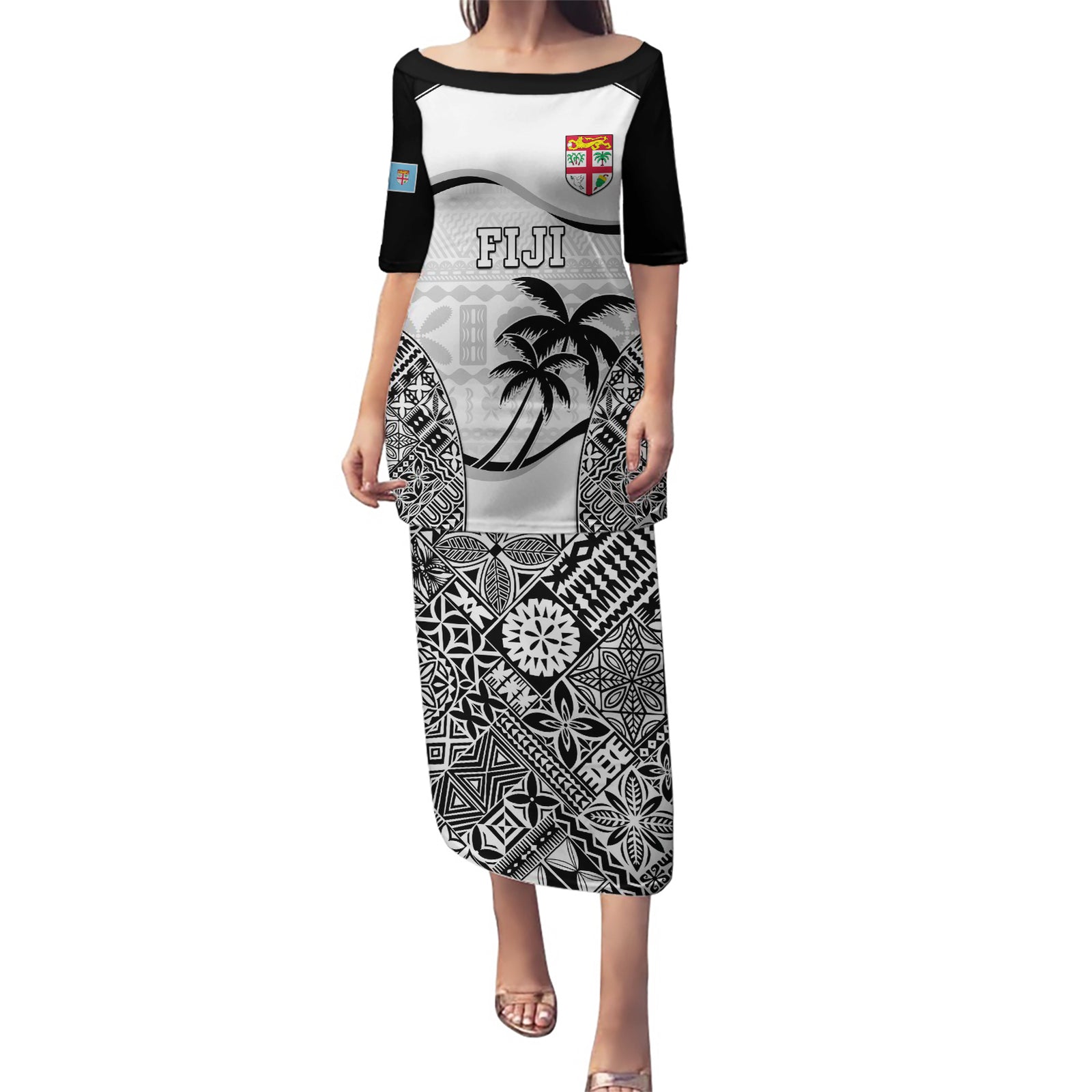 Fiji Rugby Puletasi World Cup 2023 Fijian Tapa Pattern Black Version LT05 Long Dress Black - Polynesian Pride
