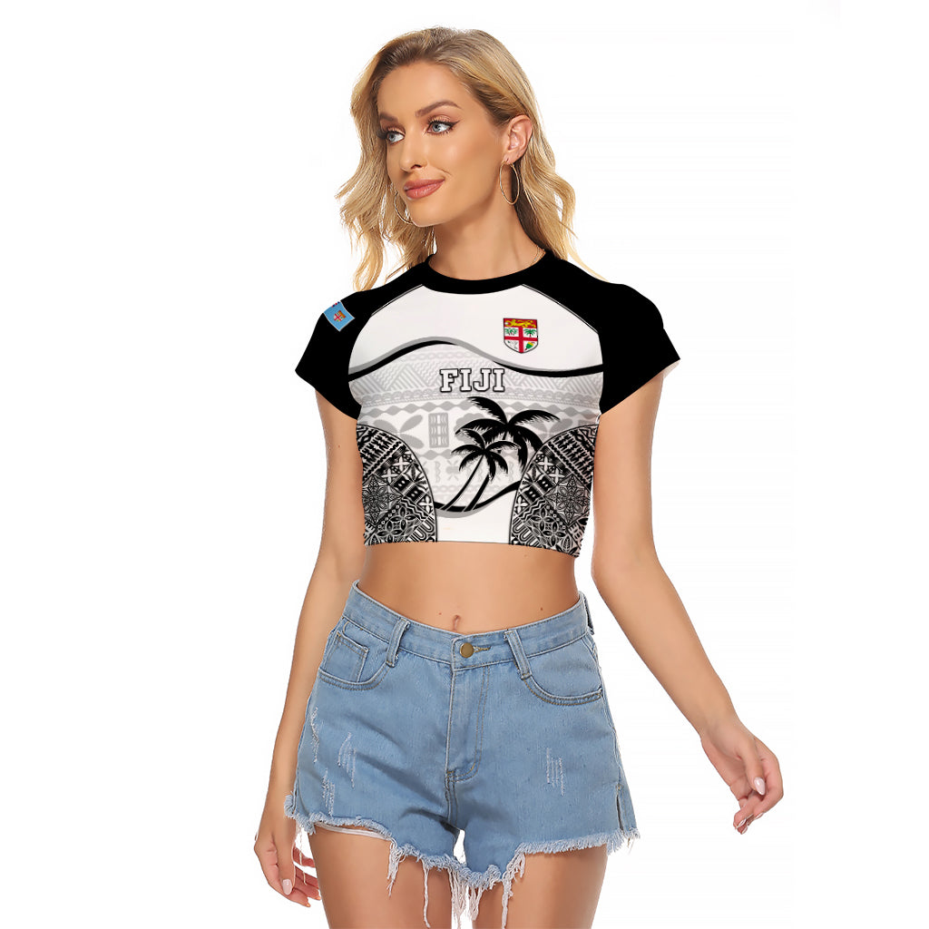 Fiji Rugby Raglan Cropped T Shirt World Cup 2023 Fijian Tapa Pattern Black Version LT05 Female Black - Polynesian Pride
