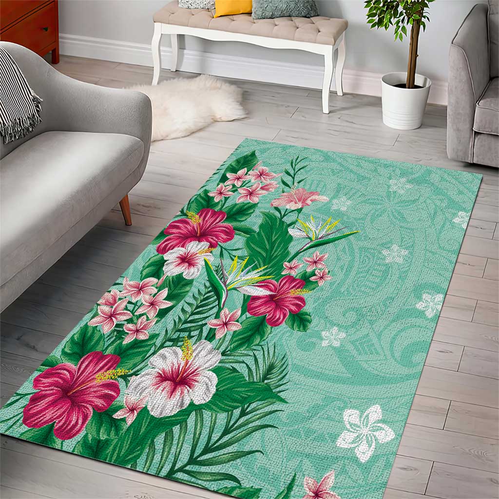 Hawaii Tropical Flowers Area Rug Polynesian Tattoo Mint Green