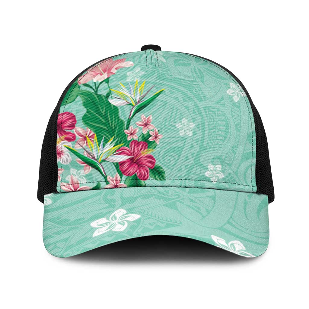 Hawaii Tropical Flowers Baseball Net Cap Polynesian Tattoo Mint Green