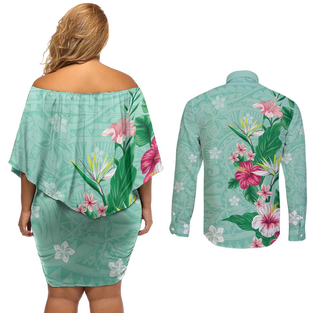 Hawaii Tropical Flowers Couples Matching Off Shoulder Short Dress and Long Sleeve Button Shirt Polynesian Tattoo Mint Green