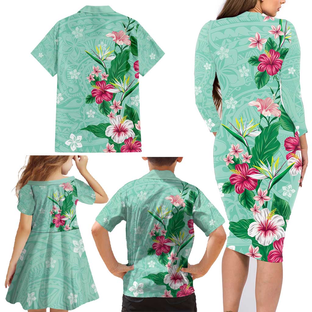 Hawaii Tropical Flowers Family Matching Long Sleeve Bodycon Dress and Hawaiian Shirt Polynesian Tattoo Mint Green LT05 - Polynesian Pride