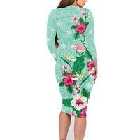 Hawaii Tropical Flowers Family Matching Long Sleeve Bodycon Dress and Hawaiian Shirt Polynesian Tattoo Mint Green LT05 - Polynesian Pride