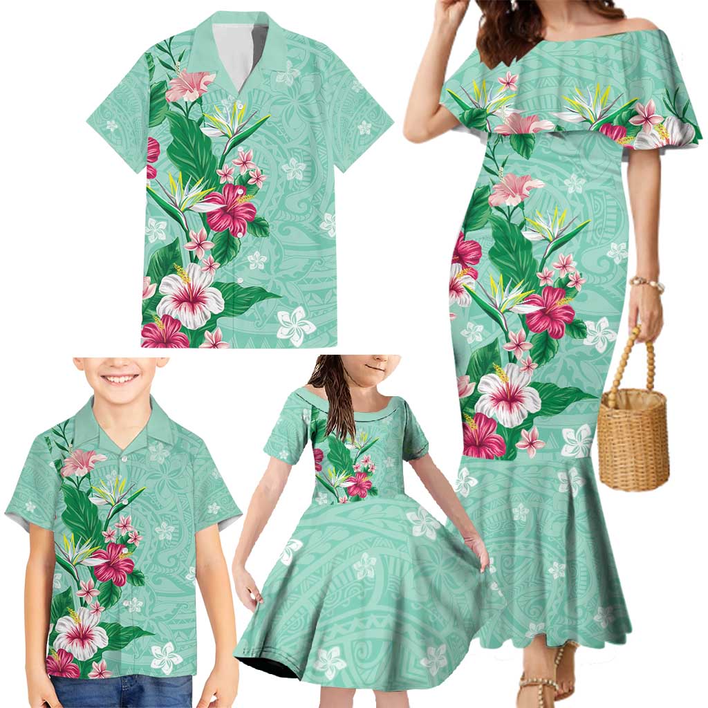 Hawaii Tropical Flowers Family Matching Mermaid Dress and Hawaiian Shirt Polynesian Tattoo Mint Green LT05 - Polynesian Pride