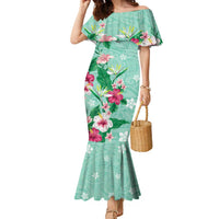 Hawaii Tropical Flowers Family Matching Mermaid Dress and Hawaiian Shirt Polynesian Tattoo Mint Green LT05 Mom's Dress Green - Polynesian Pride