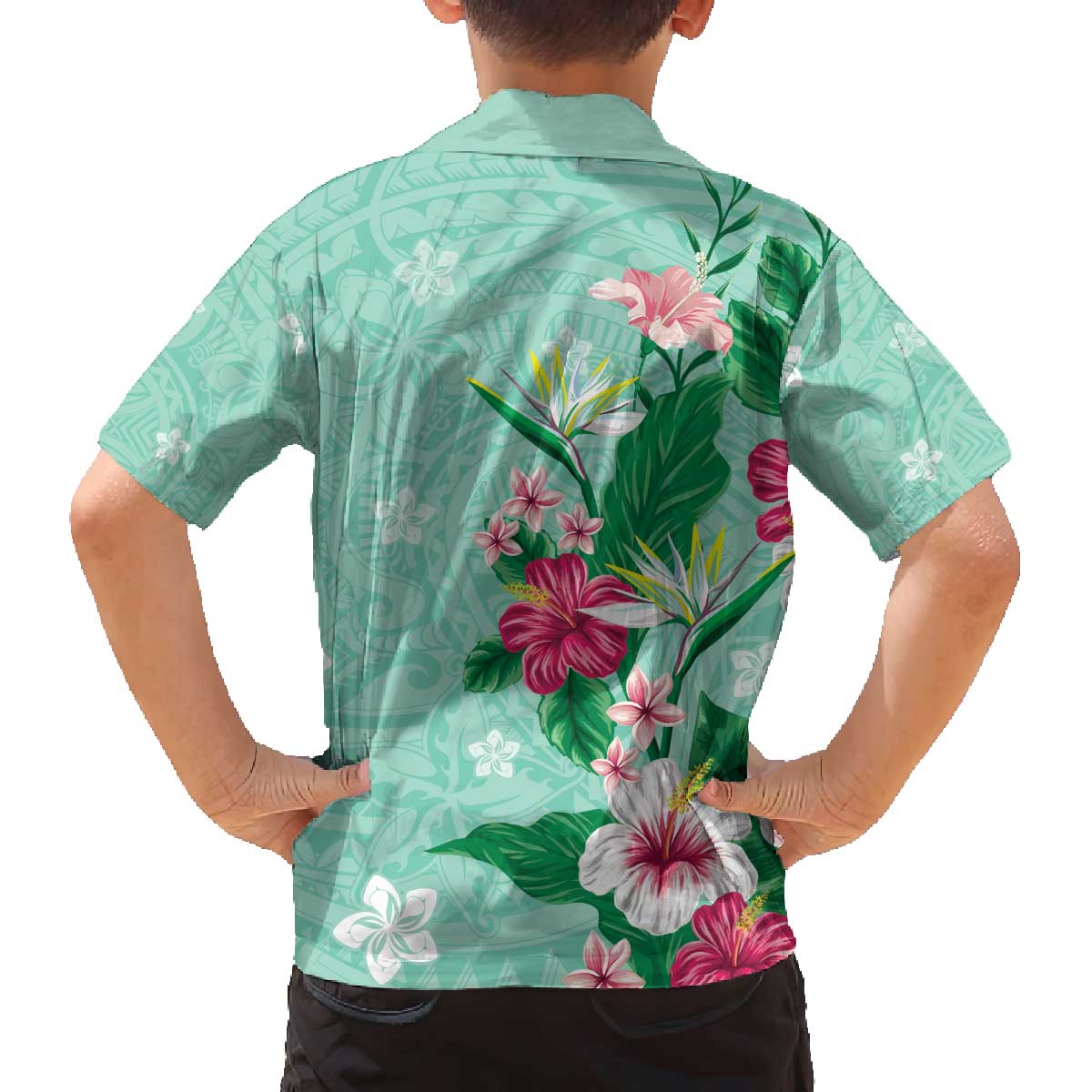 Hawaii Tropical Flowers Family Matching Off The Shoulder Long Sleeve Dress and Hawaiian Shirt Polynesian Tattoo Mint Green LT05 - Polynesian Pride