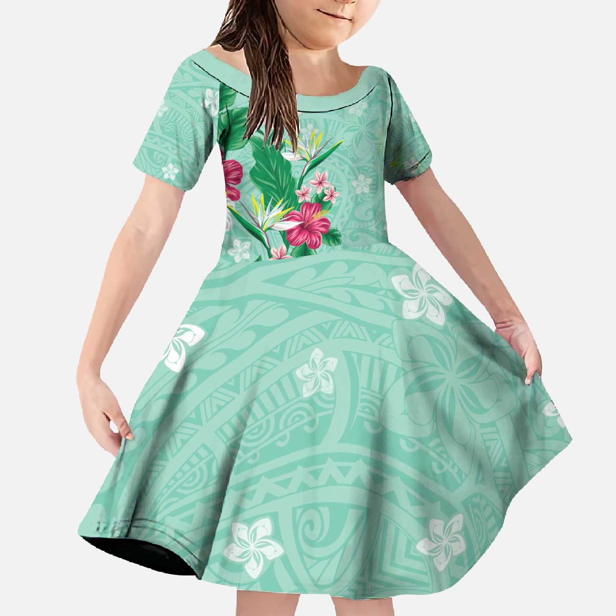 Hawaii Tropical Flowers Family Matching Off The Shoulder Long Sleeve Dress and Hawaiian Shirt Polynesian Tattoo Mint Green LT05 Daughter's Dress Green - Polynesian Pride