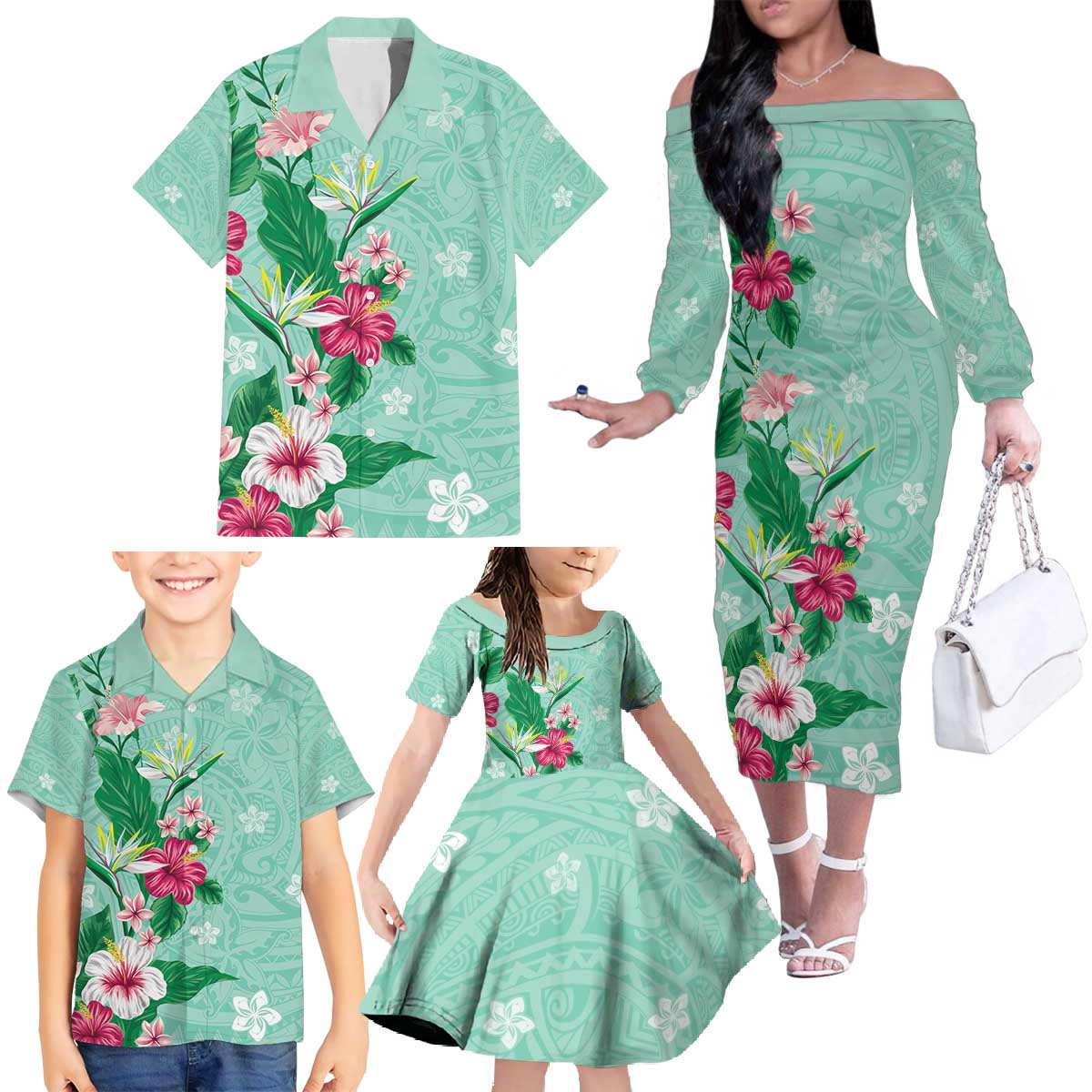 Hawaii Tropical Flowers Family Matching Off The Shoulder Long Sleeve Dress and Hawaiian Shirt Polynesian Tattoo Mint Green LT05 - Polynesian Pride
