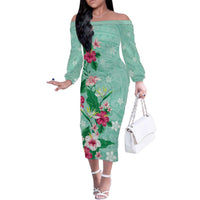 Hawaii Tropical Flowers Family Matching Off The Shoulder Long Sleeve Dress and Hawaiian Shirt Polynesian Tattoo Mint Green LT05 Mom's Dress Green - Polynesian Pride