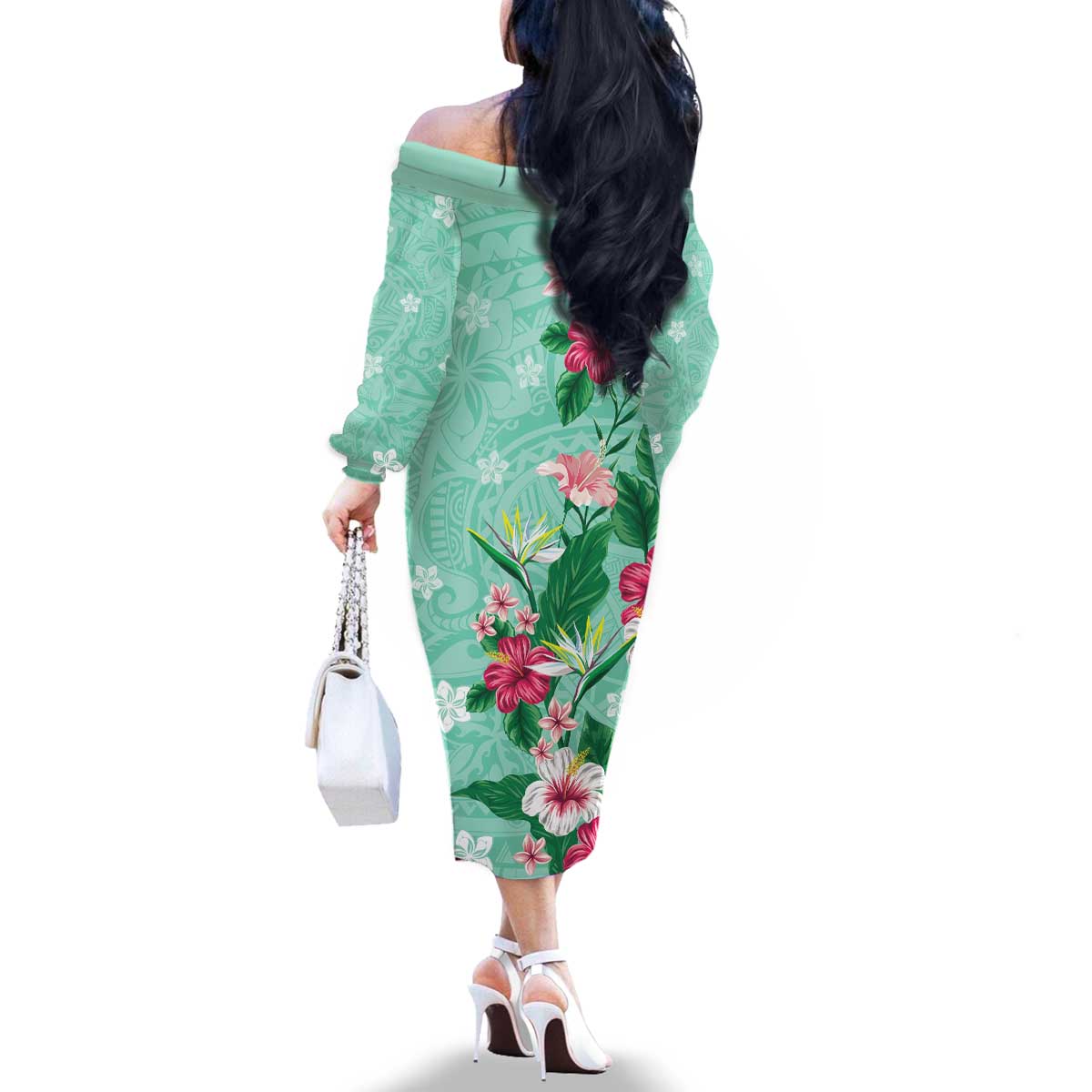 Hawaii Tropical Flowers Family Matching Off The Shoulder Long Sleeve Dress and Hawaiian Shirt Polynesian Tattoo Mint Green LT05 - Polynesian Pride