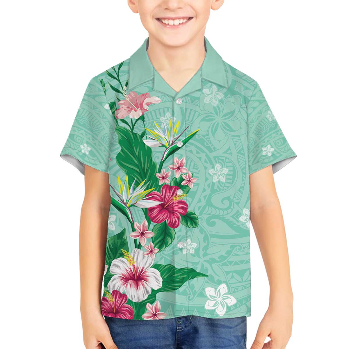 Hawaii Tropical Flowers Family Matching Off The Shoulder Long Sleeve Dress and Hawaiian Shirt Polynesian Tattoo Mint Green LT05 Son's Shirt Green - Polynesian Pride