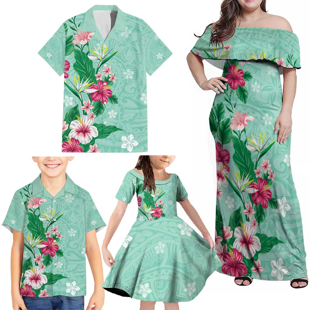 Hawaii Tropical Flowers Family Matching Off Shoulder Maxi Dress and Hawaiian Shirt - Polynesian Tattoo Mint Green LT05 - Polynesian Pride
