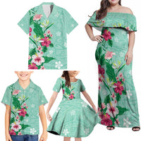 Hawaii Tropical Flowers Family Matching Off Shoulder Maxi Dress and Hawaiian Shirt - Polynesian Tattoo Mint Green LT05 - Polynesian Pride