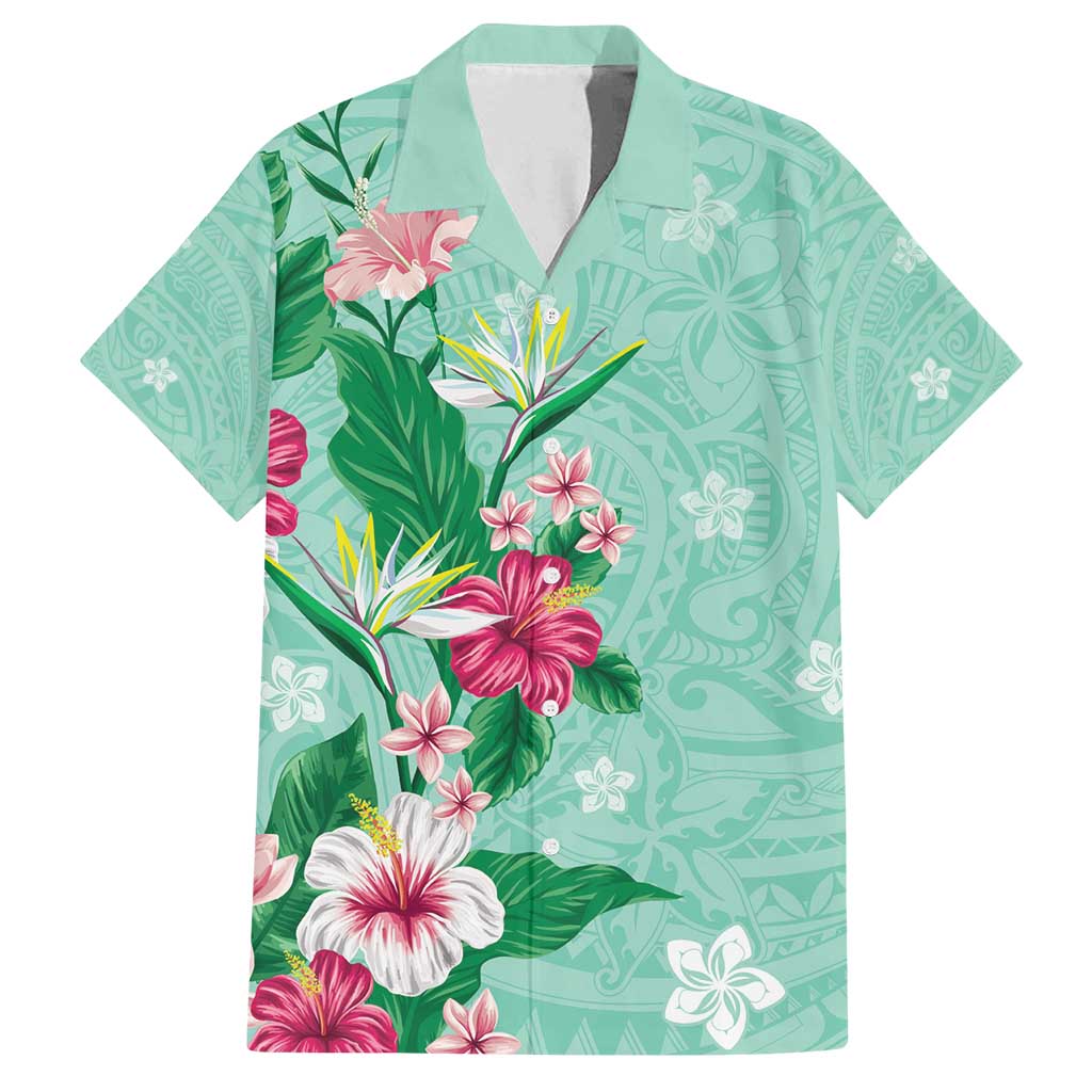 Hawaii Tropical Flowers Family Matching Off Shoulder Maxi Dress and Hawaiian Shirt - Polynesian Tattoo Mint Green LT05 Dad's Shirt - Short Sleeve Green - Polynesian Pride