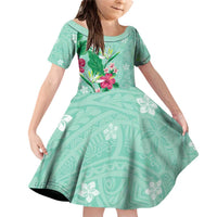 Hawaii Tropical Flowers Family Matching Off Shoulder Short Dress and Hawaiian Shirt Polynesian Tattoo Mint Green LT05 Daughter's Dress Green - Polynesian Pride