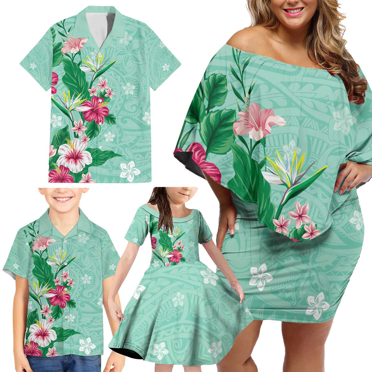 Hawaii Tropical Flowers Family Matching Off Shoulder Short Dress and Hawaiian Shirt Polynesian Tattoo Mint Green LT05 - Polynesian Pride