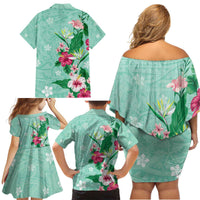 Hawaii Tropical Flowers Family Matching Off Shoulder Short Dress and Hawaiian Shirt Polynesian Tattoo Mint Green LT05 - Polynesian Pride
