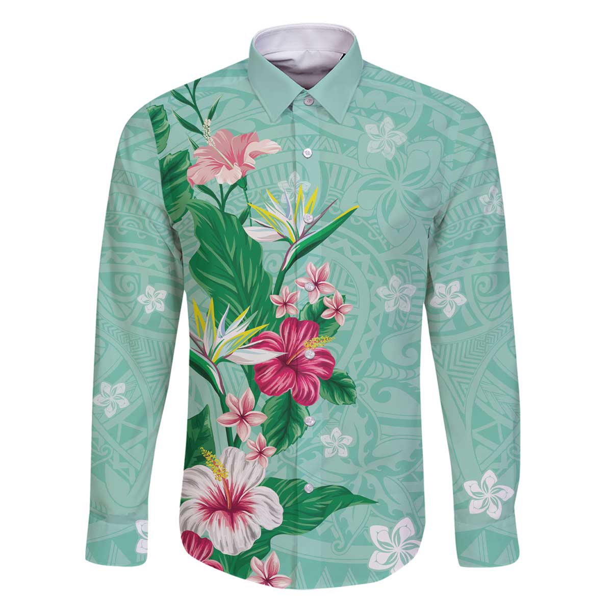 Hawaii Tropical Flowers Family Matching Off Shoulder Short Dress and Hawaiian Shirt Polynesian Tattoo Mint Green LT05 Dad's Shirt - Long Sleeve Green - Polynesian Pride