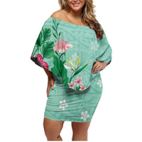 Hawaii Tropical Flowers Family Matching Off Shoulder Short Dress and Hawaiian Shirt Polynesian Tattoo Mint Green LT05 Mom's Dress Green - Polynesian Pride
