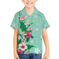 Hawaii Tropical Flowers Family Matching Off Shoulder Short Dress and Hawaiian Shirt Polynesian Tattoo Mint Green LT05 Son's Shirt Green - Polynesian Pride