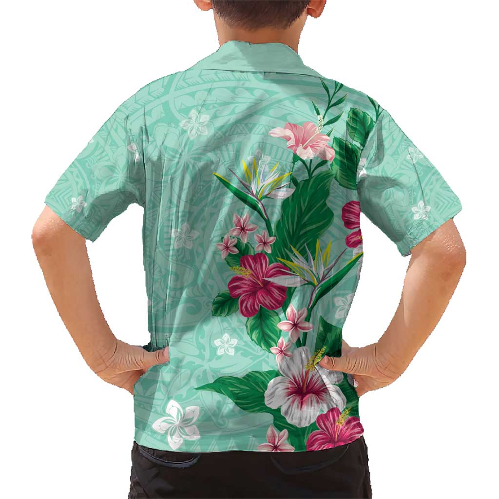 Hawaii Tropical Flowers Family Matching Short Sleeve Bodycon Dress and Hawaiian Shirt Polynesian Tattoo Mint Green LT05 - Polynesian Pride