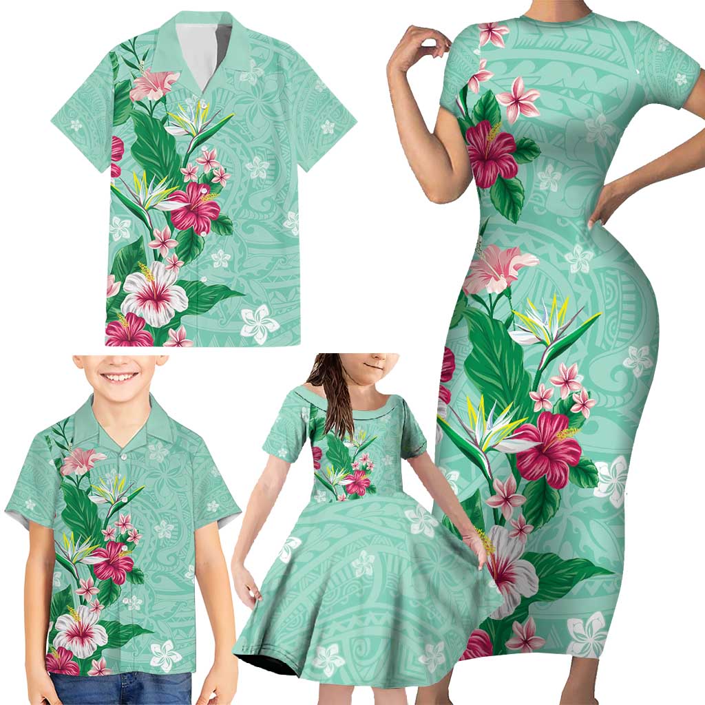 Hawaii Tropical Flowers Family Matching Short Sleeve Bodycon Dress and Hawaiian Shirt Polynesian Tattoo Mint Green LT05 - Polynesian Pride