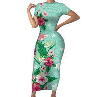 Hawaii Tropical Flowers Family Matching Short Sleeve Bodycon Dress and Hawaiian Shirt Polynesian Tattoo Mint Green LT05 Mom's Dress Green - Polynesian Pride