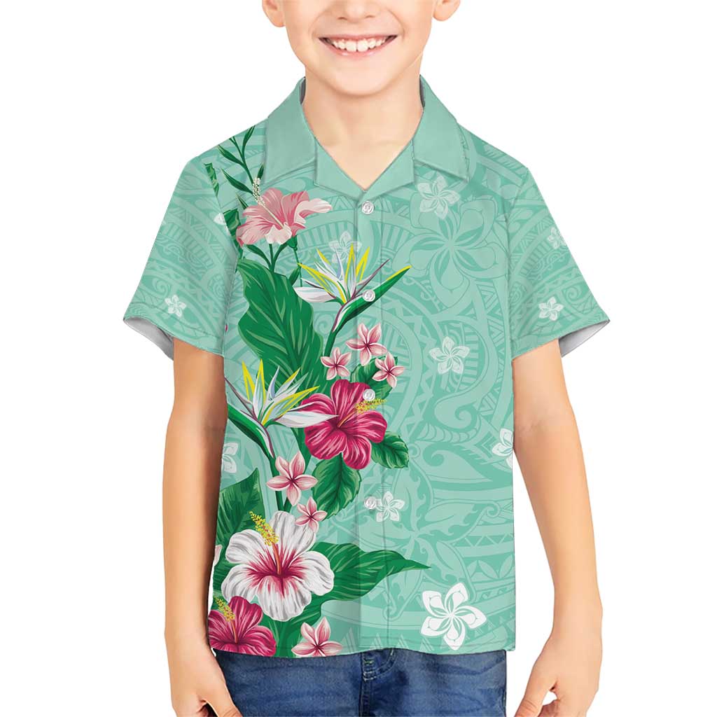 Hawaii Tropical Flowers Family Matching Short Sleeve Bodycon Dress and Hawaiian Shirt Polynesian Tattoo Mint Green LT05 Son's Shirt Green - Polynesian Pride
