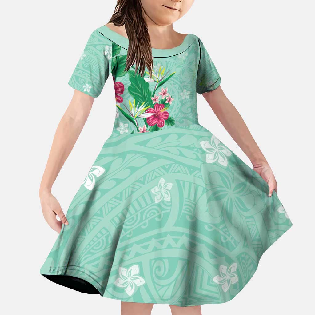 Hawaii Tropical Flowers Family Matching Summer Maxi Dress and Hawaiian Shirt - Polynesian Tattoo Mint Green LT05 Daughter's Dress Green - Polynesian Pride