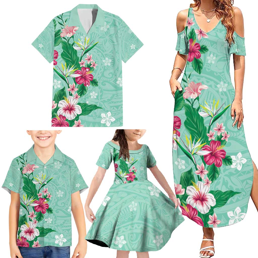 Hawaii Tropical Flowers Family Matching Summer Maxi Dress and Hawaiian Shirt - Polynesian Tattoo Mint Green LT05 - Polynesian Pride