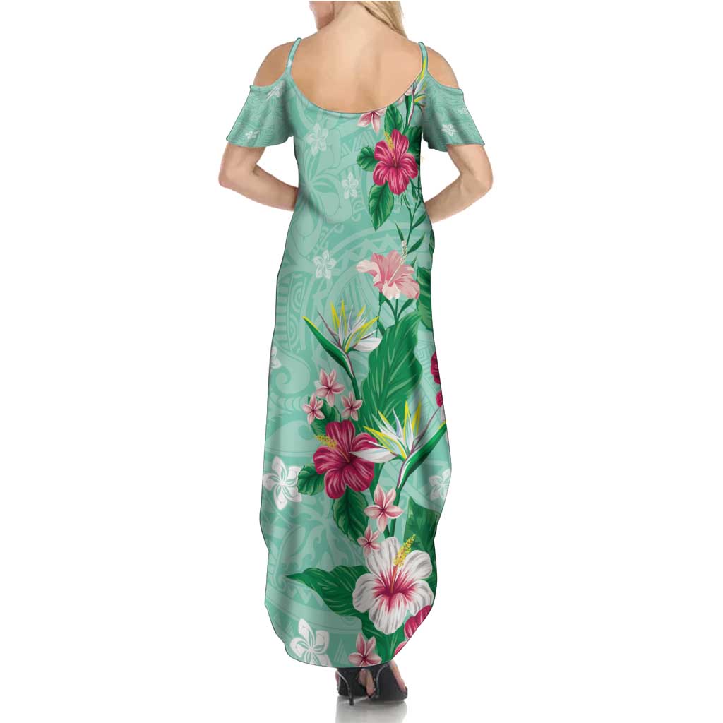 Hawaii Tropical Flowers Family Matching Summer Maxi Dress and Hawaiian Shirt - Polynesian Tattoo Mint Green LT05 - Polynesian Pride