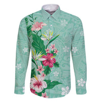 Hawaii Tropical Flowers Family Matching Tank Maxi Dress and Hawaiian Shirt - Polynesian Tattoo Mint Green LT05 Dad's Shirt - Long Sleeve Green - Polynesian Pride