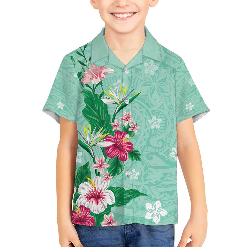 Hawaii Tropical Flowers Family Matching Tank Maxi Dress and Hawaiian Shirt - Polynesian Tattoo Mint Green LT05 Son's Shirt Green - Polynesian Pride