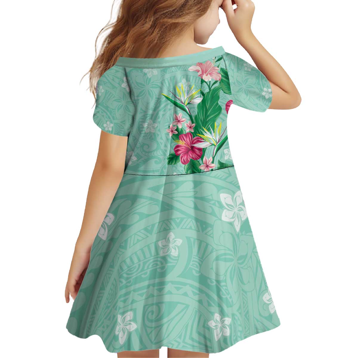 Hawaii Tropical Flowers Kid Short Sleeve Dress Polynesian Tattoo Mint Green